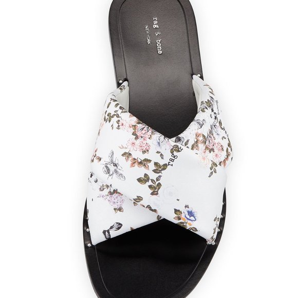 Rag & Bone Keaton Slide Flats Sz 37 White Floral Print Criss-cross Vamp Leather - Picture 3 of 12